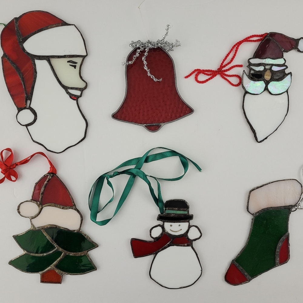 Christmas Stained Glass Suncatchers Lot of 6 Santa Snowman Stocking Tree Bell